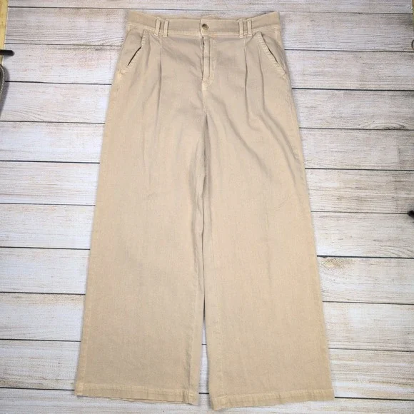 American Eagle Womens Wide Leg Crop Pants Pleated Khaki Stretch Size 14 - Picture 1 of 9